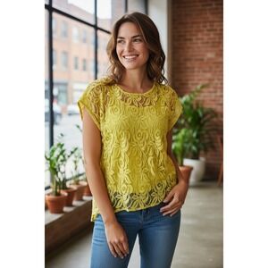 Apt. 9 Women's Yellow‎ Floral Lace Cap Sleeve Blouse Top Size XL